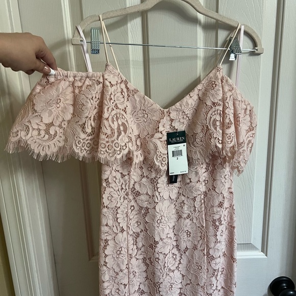 NWT RALPH LAUREN Lace Pink Rose Flutter V Neck Full-Length Evening Dress Size 2 - Picture 6 of 12